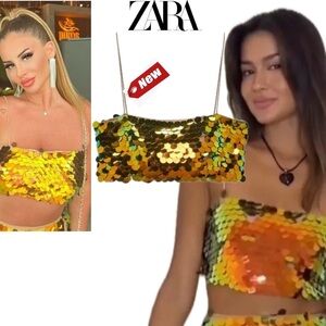 Zara metallic gold multicolored mermaid sequin crop top Sz M NWT bloggers fave